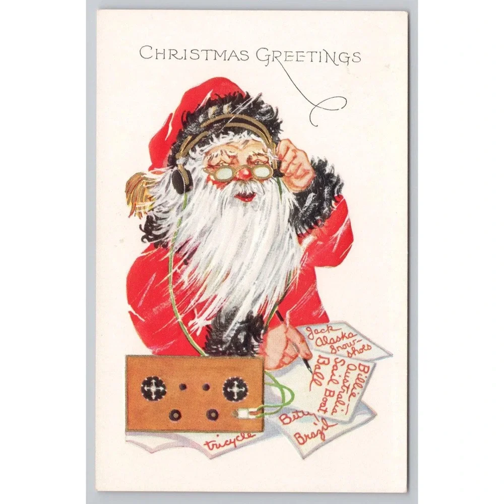 Vintage Santa Radio Headphones Christmas List Embossed Unposted Postcard 1910